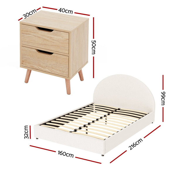 Artiss Gas Lift Queen Bed Frame with Bedside Table Set Boucle Fabric Upholstered Platform Bed Nightstand - RnR Galore