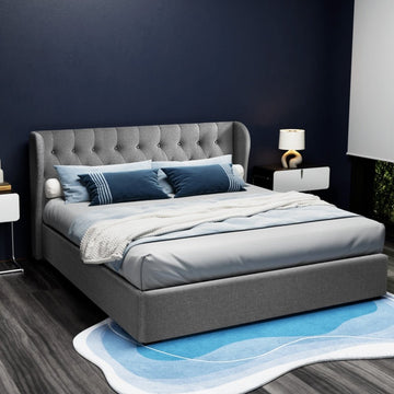 Artiss Issa Bed Frame Fabric Gas Lift Storage - Grey King - RnR Galore