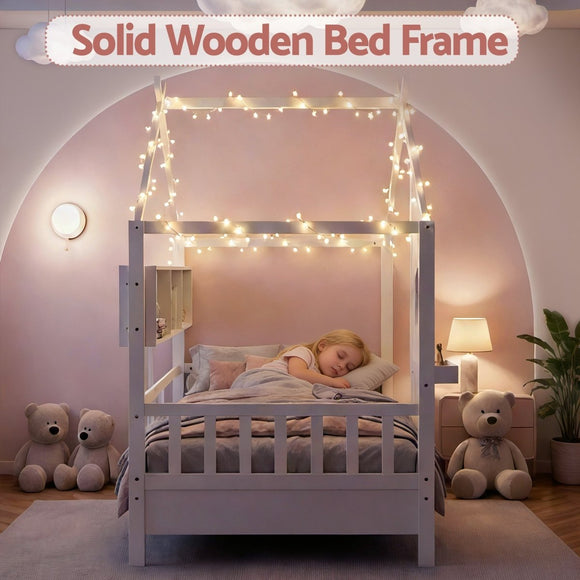 Artiss Kids Single Bed Frame House Bed Solid Wood Montessori Bed for Toddler White - RnR Galore