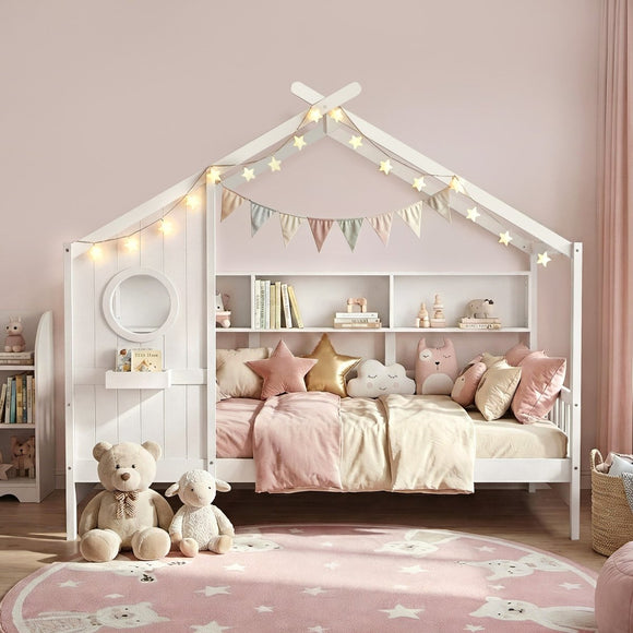 Artiss Kids Single Bed Frame House Bed Solid Wood Montessori Bed for Toddler White - RnR Galore