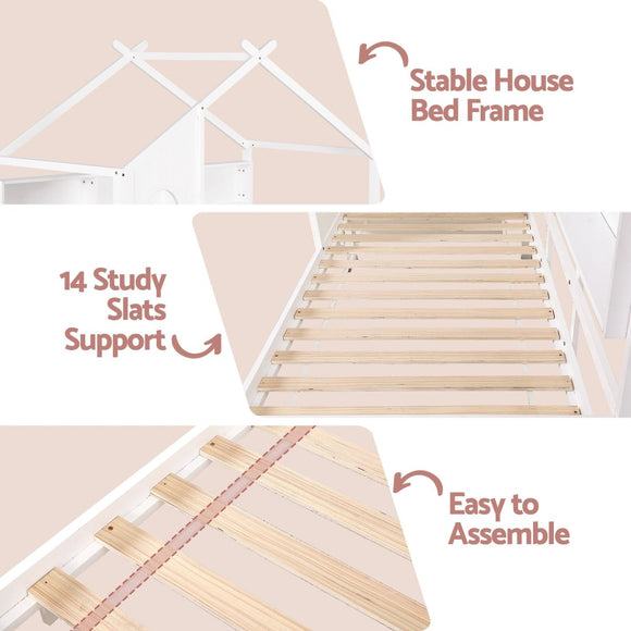 Artiss Kids Single Bed Frame House Bed Solid Wood Montessori Bed for Toddler White - RnR Galore