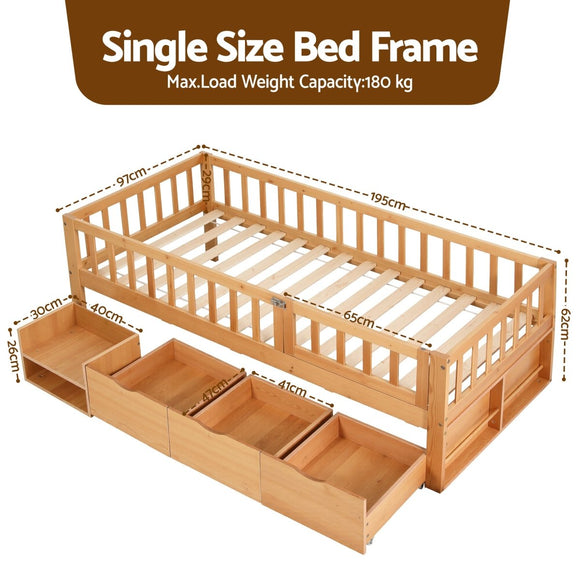 Artiss Kids Single Bed Frame with 3 Storage Drawer Montessori Bed for Toddler Natural - RnR Galore