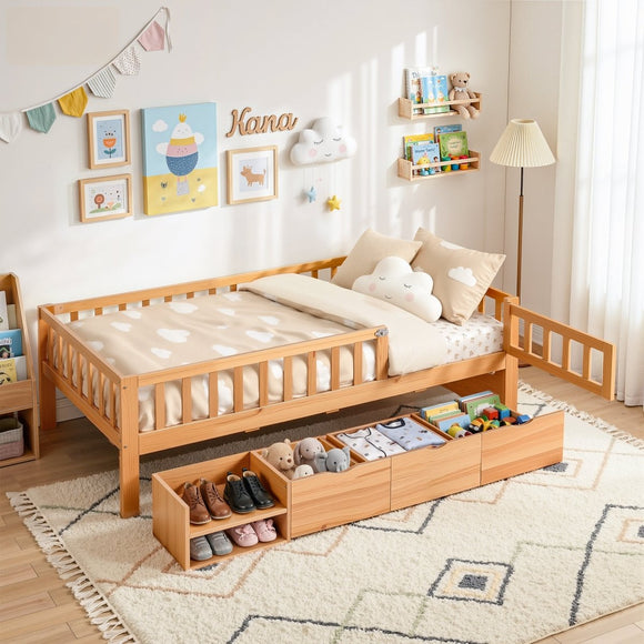 Artiss Kids Single Bed Frame with 3 Storage Drawer Montessori Bed for Toddler Natural - RnR Galore