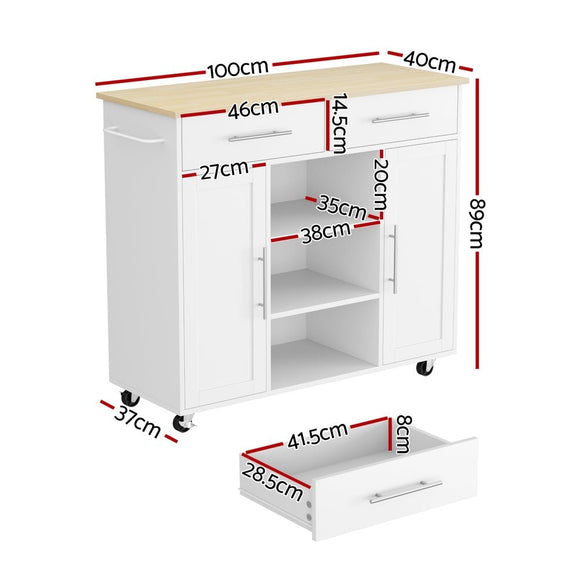 Artiss Kitchen Island Trolley Rolling Serving Cart Storage Drawer Cabinet 100cm White - RnR Galore