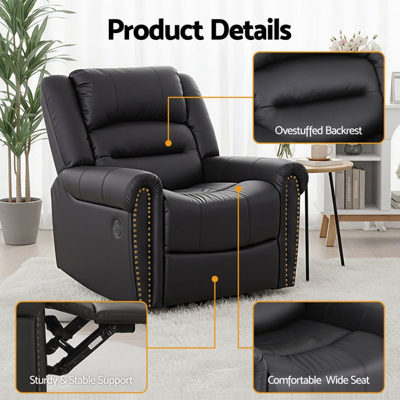 Artiss Leather Manual Recliner Chair with USB Charge Port, Overstuffed Armchair Sofa for Living Room and Nursery, Asjustable Theater Reclining Lounge with Comfortable Wide Seat, 150kg Capacity, Black - RnR Galore