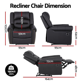 Artiss Leather Manual Recliner Chair with USB Charge Port, Overstuffed Armchair Sofa for Living Room and Nursery, Asjustable Theater Reclining Lounge with Comfortable Wide Seat, 150kg Capacity, Black - RnR Galore