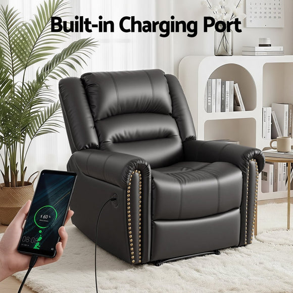 Artiss Leather Manual Recliner Chair with USB Charge Port, Overstuffed Armchair Sofa for Living Room and Nursery, Asjustable Theater Reclining Lounge with Comfortable Wide Seat, 150kg Capacity, Black - RnR Galore