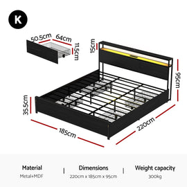 Artiss Metal Bed Frame King Size Storage Headboard Charge Station LED 4 Drawers - RnR Galore