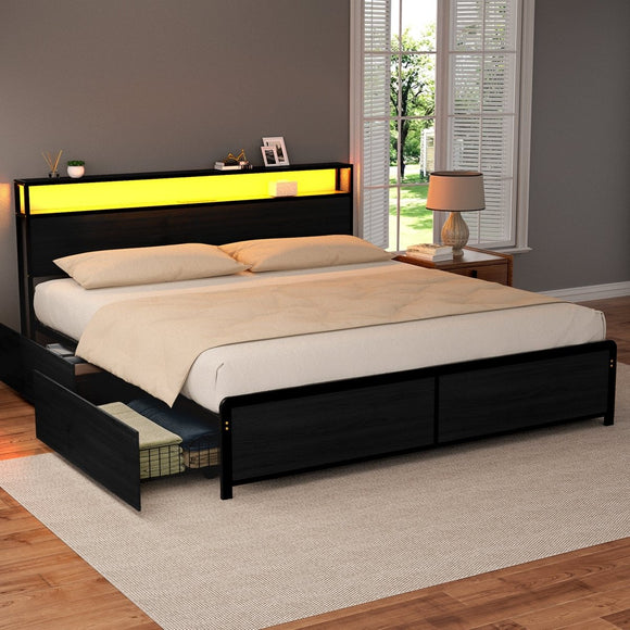 Artiss Metal Bed Frame King Size Storage Headboard Charge Station LED 4 Drawers - RnR Galore