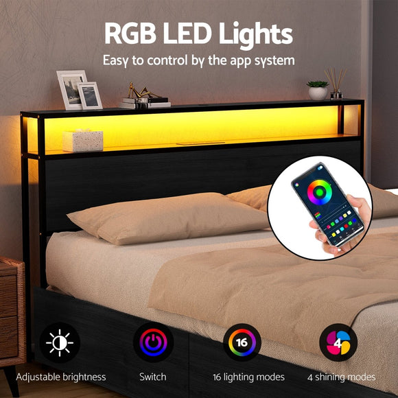 Artiss Metal Bed Frame Queen Size Storage Headboard Charge Station LED 4 Drawers - RnR Galore