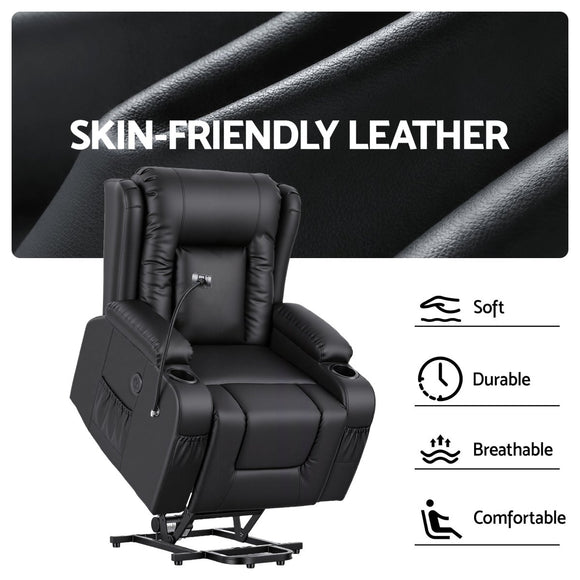 Artiss Power Lift Recliner Chair with Massage and Heat for Elderly, Electric Sofa Reclining Chair with USB and Phone Holder, PU Leather Comfy Armchair for Living Room, 2 Cup Holder & 4 Pockets, Black - RnR Galore