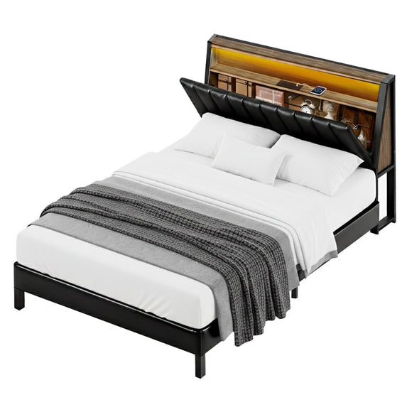 Artiss Queen Bed Frame LED Storage Headboard with Charging Station Black - RnR Galore