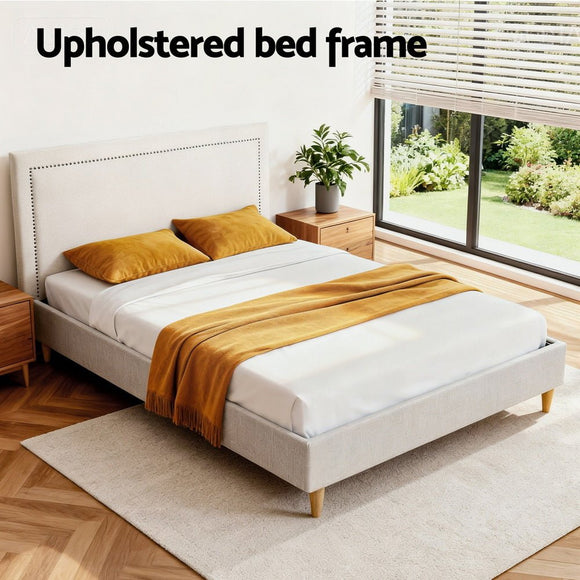 Artiss Queen Bed Frame Platform Bed Base Upholstered Headboard Linen Fabric Beige - RnR Galore