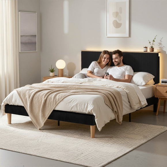 Artiss Queen Bed Frame Upholstered Adjustable Headboard Mood Lighting Heavy Duty Black Velvet - RnR Galore
