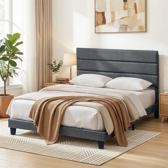 Artiss Queen Bed Frame Upholstered Platform Base with Geometric Headboard Charcoal Grey Linen Wood Slats for Modern Bedroom Furniture Home Decor - RnR Galore