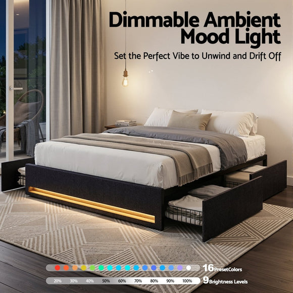 Artiss Queen Bed Frame with Storage Drawers RGB Lights Charging Station Upholstered Fabric - RnR Galore