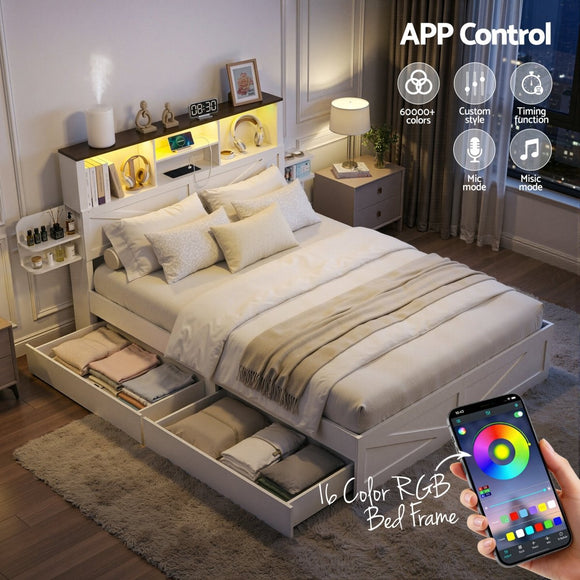 Artiss Queen Bed Frame with Storage Drawers White Platform Bedframe with Bookcase Headboard Charging Station Led Light - RnR Galore