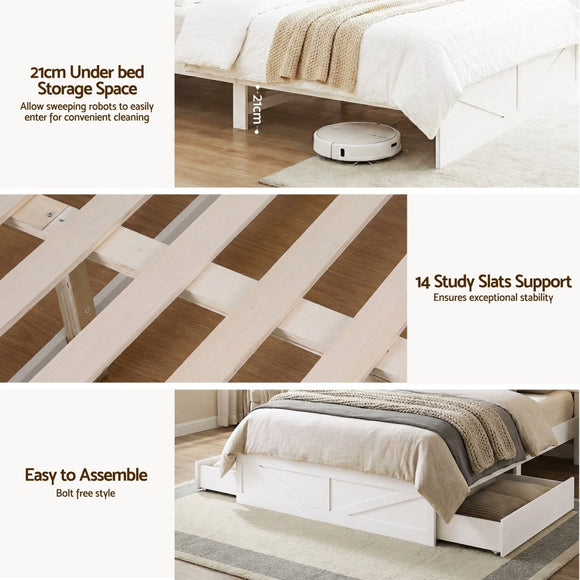 Artiss Queen Bed Frame with Storage Drawers White Platform Bedframe with Bookcase Headboard Charging Station Led Light - RnR Galore