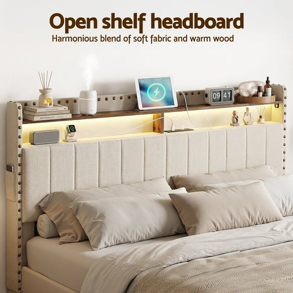 Artiss Queen Upholstered Bed Frame with Shelf Storage Drawers Charging Station Mood Lighting Linen - RnR Galore