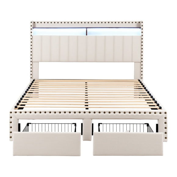 Artiss Queen Upholstered Bed Frame with Shelf Storage Drawers Charging Station Mood Lighting Linen - RnR Galore