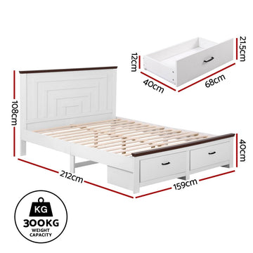 Artiss Queen Wooden Bed Frame with 2 Drawer Platform Bed with 108cm Solid High Headboard White Bed Base for Bedroom Easy Assembly - RnR Galore