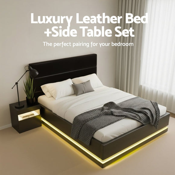 Artiss RGB LED Double Bed Frame with Beside Table Set 16 Colour Mood Lighting - RnR Galore