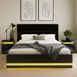 Artiss RGB LED Queen Bed Frame with 2 Beside Tables Set 16 Colour Mood Lighting - RnR Galore