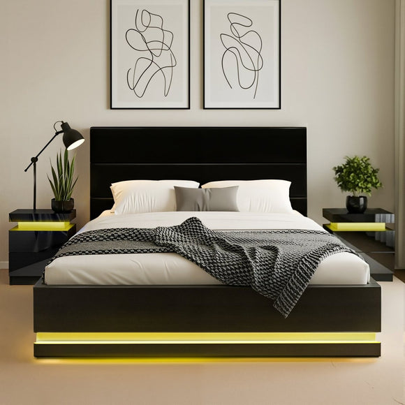 Artiss RGB LED Queen Bed Frame with 2 Beside Tables Set 16 Colour Mood Lighting - RnR Galore