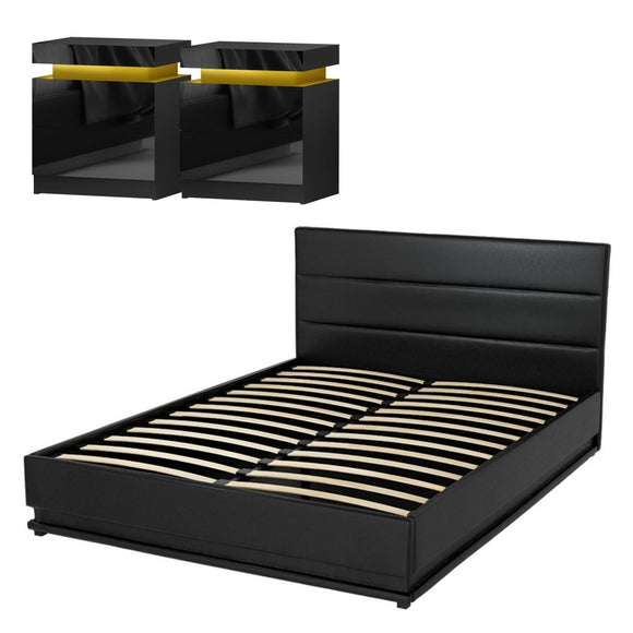 Artiss RGB LED Queen Bed Frame with 2 Beside Tables Set 16 Colour Mood Lighting - RnR Galore