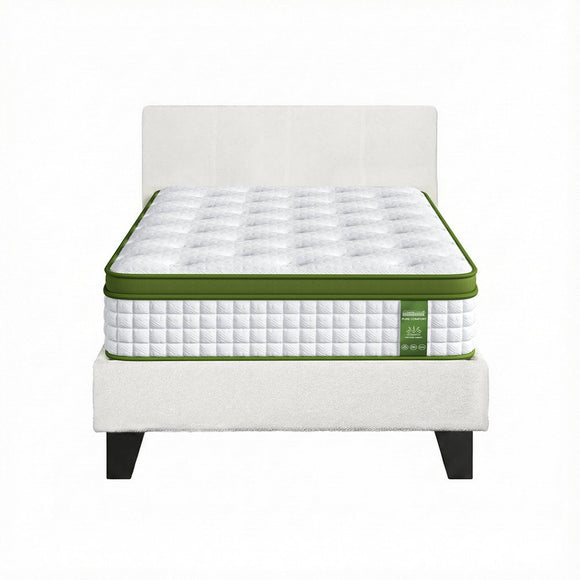 Artiss Single Bed Frame with Hybrid Mattress Set 30cm Medium Firm Platform Headboard Boucle Upholstered Pocket Coil for Pressure Relief - RnR Galore