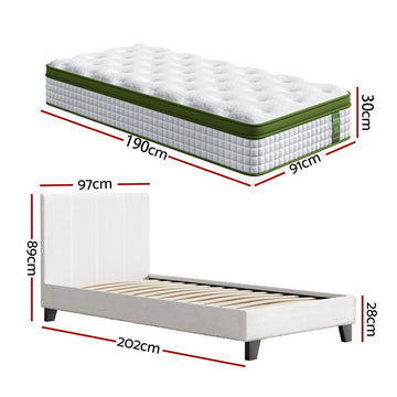 Artiss Single Bed Frame with Hybrid Mattress Set 30cm Medium Firm Platform Headboard Boucle Upholstered Pocket Coil for Pressure Relief - RnR Galore