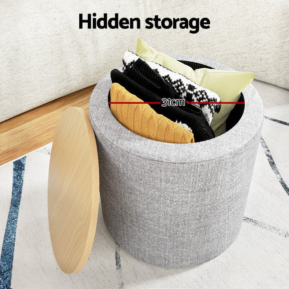 Artiss Storage Ottoman Blanket Box 40cm Linen Round Grey - RnR Galore