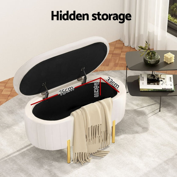 Artiss Storage Ottoman Blanket Box 87cm Velvet Oval White - RnR Galore