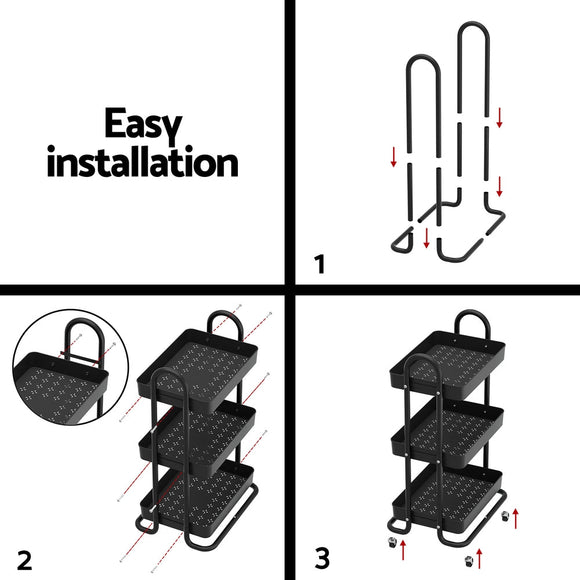 Artiss Storage Trolley Kitchen Cart 3 Tiers Rack Shelf Organiser Wheels Black - RnR Galore