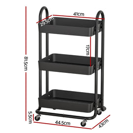 Artiss Storage Trolley Kitchen Cart 3 Tiers Rack Shelf Organiser Wheels Black - RnR Galore