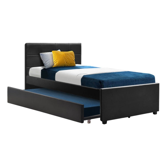 Artiss Trundle Bed Frame King Single Size Black Leather - RnR Galore