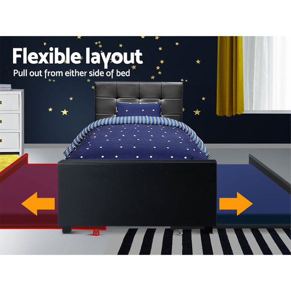 Artiss Trundle Bed Frame King Single Size Black Leather - RnR Galore