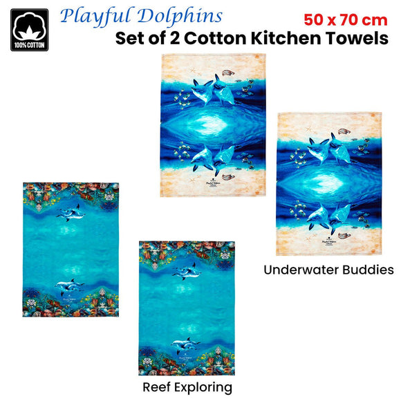 Ashdene Set of 2 Playful Dolphins Cotton Kitchen Tea Towels 50 x 70 cm Underwater Buddies - RnR Galore
