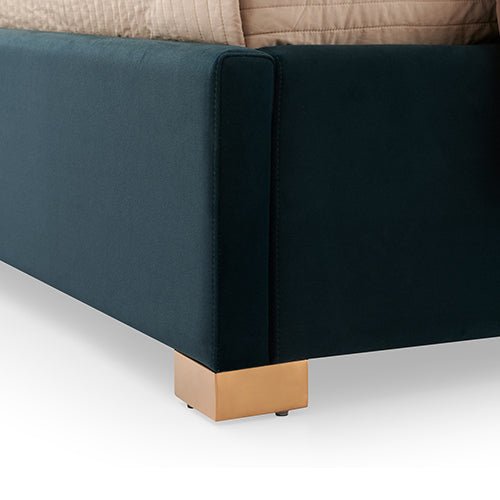 Austin Bed Frame Polyester Turquoise Fabric Padded Upholstery High Quality Slats Polished Stainless Steel Feet - RnR Galore