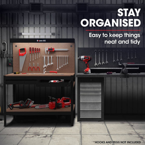 BAUMR - AG Steel Garage Workbench with LED Lights Pegboard Tool Storage Work Bench Workshop Table - RnR Galore