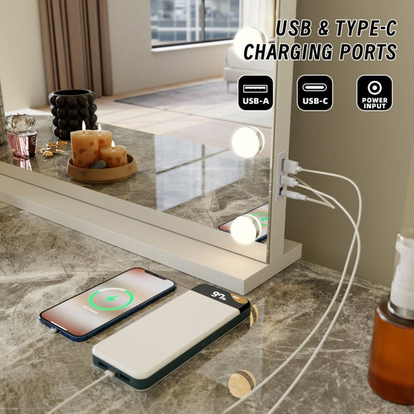 Beauty Mirror with 18 LED Bulbs, Colour Settings, White Frame, and USB A and C Ports - RnR Galore