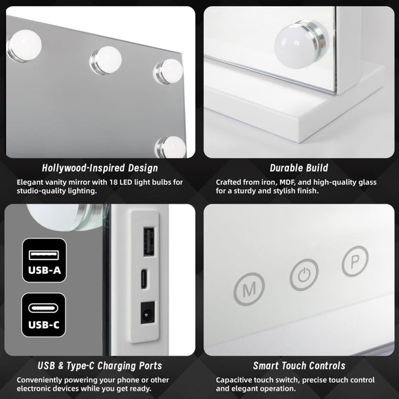 Beauty Mirror with 18 LED Bulbs, Colour Settings, White Frame, and USB A and C Ports - RnR Galore