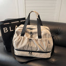 Beige and Black Large Capacity Travel Bag with Wet/Dry Separation - Canvas + Polyester, Lightweight Handbag for Short Trips and Fitness, Fits on Luggage - RnR Galore