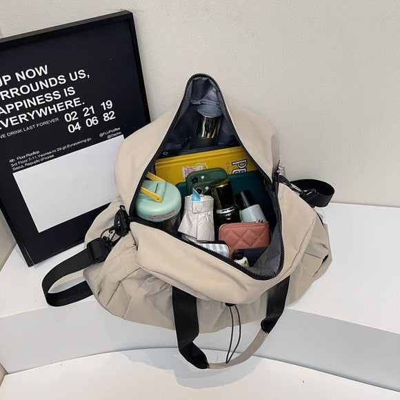 Beige and Black Large Capacity Travel Bag with Wet/Dry Separation - Canvas + Polyester, Lightweight Handbag for Short Trips and Fitness, Fits on Luggage - RnR Galore