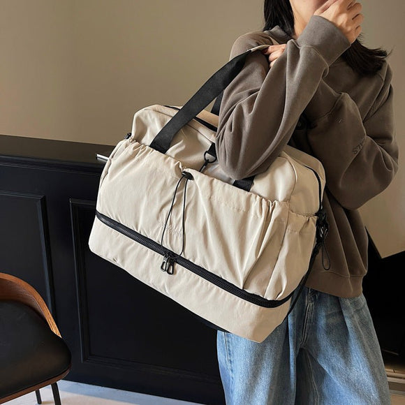 Beige and Black Large Capacity Travel Bag with Wet/Dry Separation - Canvas + Polyester, Lightweight Handbag for Short Trips and Fitness, Fits on Luggage - RnR Galore