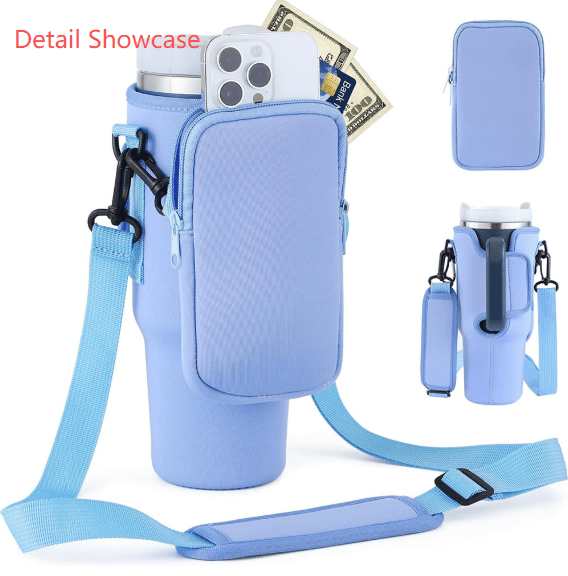 Beige Crossbody Tumbler Carrier with Detachable Wallet Pouch and Adjustable Strap - RnR Galore