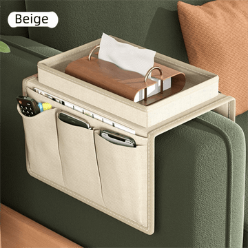 Beige Foldable Sofa Armrest Organizer With 3 - Zones - 20kg Load Capacity, Thickended Oxford Cloth Storage Bag for Dorms, Cars & Living Rooms - RnR Galore