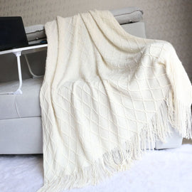 Beige Nordic Knitted Throw Blanket with Tassels 130x230cm Soft Acrylic Diamond Pattern Sofa Cover Bed Runner and Travel Blanket - RnR Galore