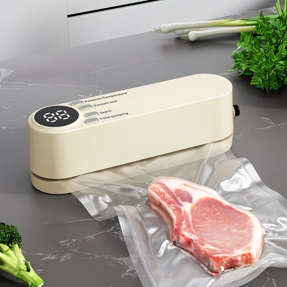 beige.USB Rechargeable Portable Vacuum Sealer, includes sealing bags and a rapid vacuum pump. Space - saving design, suitable for vacuum packing snacks, meat, fruits, and vegetables for food preservation. - RnR Galore