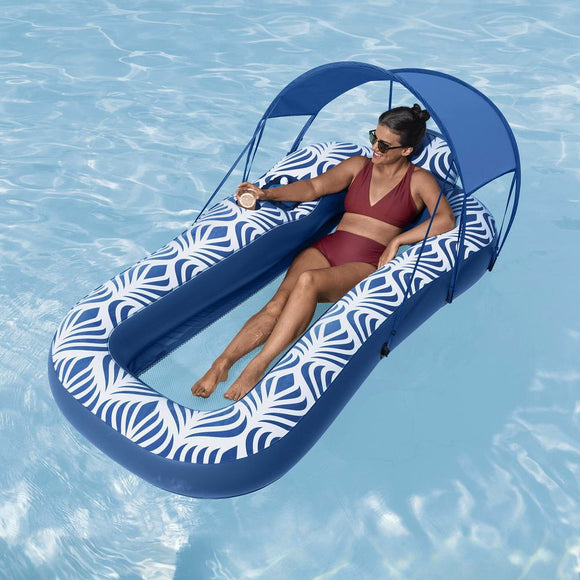 Bestway Inflatable Floating Float Lounger with Sunshade Canopy 1.98Mx1.12M Blue - RnR Galore